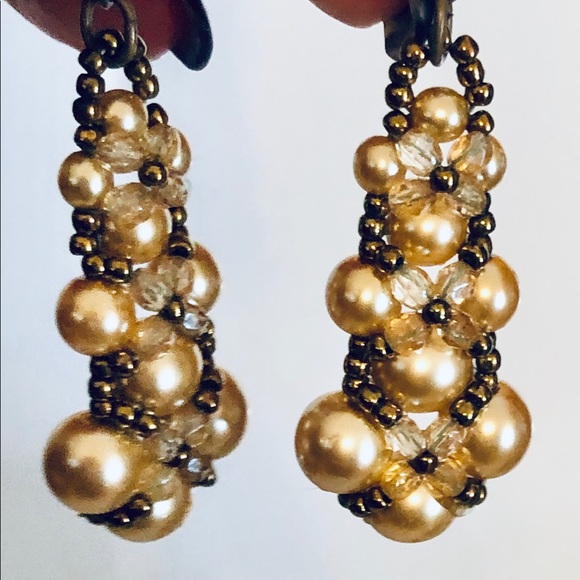 Handmade Champagne Gold Crystal & Pearl Earrings - Picture 2 of 5